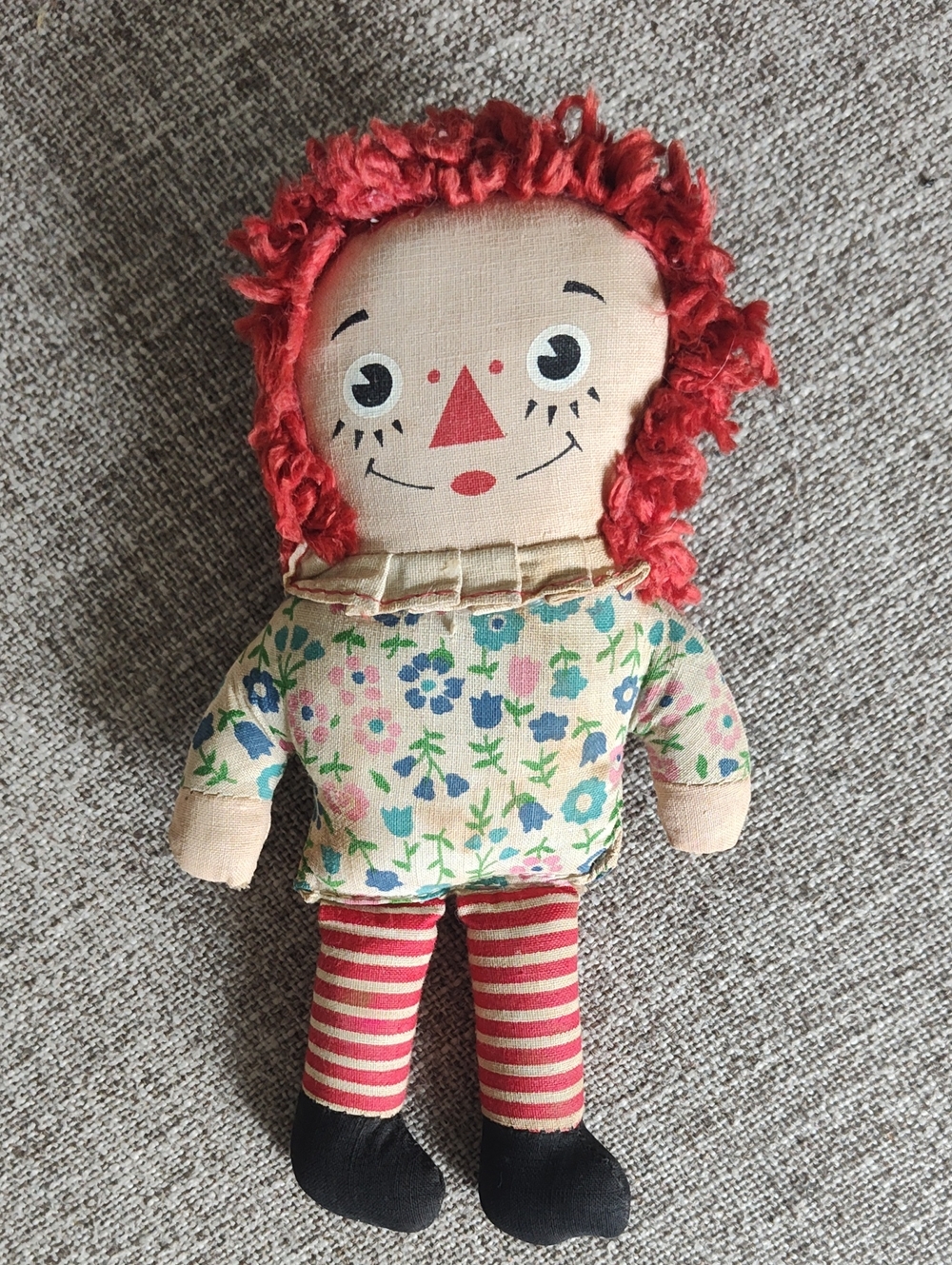 Vintage Floral Cloth Small Raggedy Ann Doll with Red Yarn Hair
